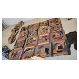 Large box estate textiles - 1892 quilt, homespun