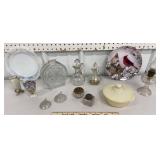 Box of misc glass - cruets, plates, Fire King