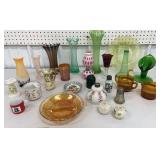 Box of misc colored glass - carnival glass, art