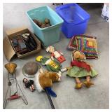 2 blue tubs and a box of retro toys - baseballs