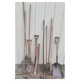 Rakes, shovels, ax, etc