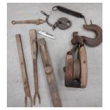 Early tools, l&n railroad lock, wooden pulley etc