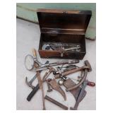Tool box with tools, hammer, ax heads, etc