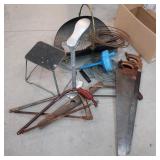 Stool, saws, log holder, etc
