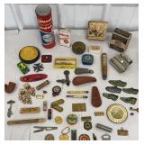 Neat box of misc advertising - tins, shoe horns,