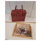 Wine bottle picnic basket and tray w/ceramic tile
