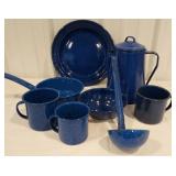 Blue enamelware eight pieces