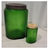 2 green Hoosier jars