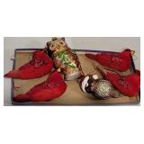 2 glass owls & 4 red Cardinals