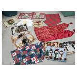 Box of Christmas linens including bags, table