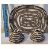 Hand thrown pottery platter and pair of
