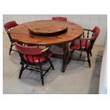 Knotty pine Round table, 4 chairs, lazy Susan