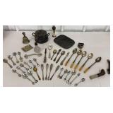 Box of misc silver flatware, souvenir spoons, tip