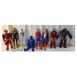 8 super hero figures, Superman, spiderman, etc