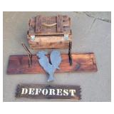 Shelf, ammo crate, sign