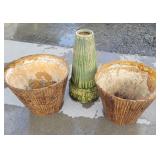 Resin planters, concrete bird bath base