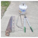 Sam, Propane tank, loppers, saws, level