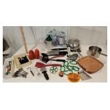 Box kitchen items - new copper pan, utensils, etc