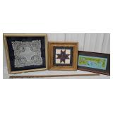 3 pcs - framed doily in shadow box, quilt piece,