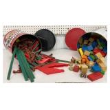 2 metal tins - Lincoln logs & toy blocks