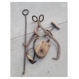 Hay hooks, wooden pulley, ice tongs