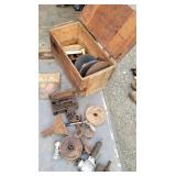 Pulleys, punches, tools, crate, etc