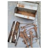 Tool box with contents, pipe wrenches, screw