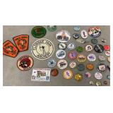 Box of advertising button pins & patches -