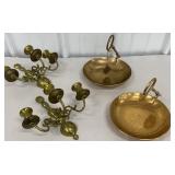 2 brass candle sconces & 2 brass key catch all
