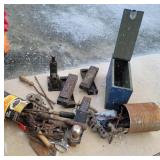 Wood ammo box, sharpening stone, jack, hitch, etc