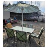 Patio table, 6 chairs, umbrella