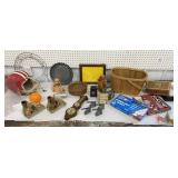 Box of misc pottery, baskets, barometer, games,