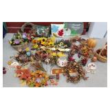 Fall wreaths, pumpkins, basket with flowers,