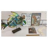 3 mermaid signs, fish art & capiz shells