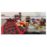 Gold tub of Christmas ornaments, decor, tree