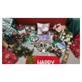 Large lot of Christmas ornaments, wreaths, chair