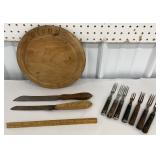 Antique Carved bread board & knives W/Civil War
