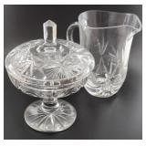 Heavy Cut Glass Pitcher & Dish, should be signed.