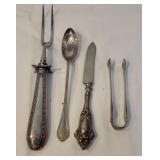 4pcs sterling - tongs, fancy spoon, etc