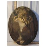 Folksy oil painting - rickety bridge - oval