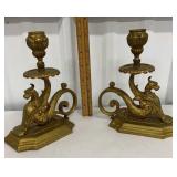 Pair of Victorian griffin sphinx candle holders