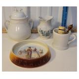 Box - ironstone, ABC plate, shaving brushes, etc