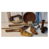 Box - wooden bowl, spools, chopper, etc