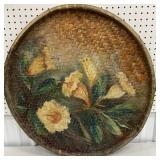 Floral painted woven basket approx 27" diameter