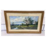 Artist signed pastel on paper - farm w/ cherry