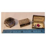 2 sterling boxes and ivory lined French box with