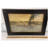 Framed print - shepherd in field w/ sheep approx