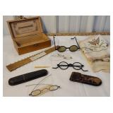 Toilet soap advertising box, eyeglasses,