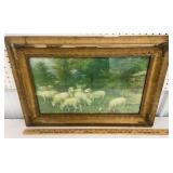 Pastoral print of grazing sheep in a neat old