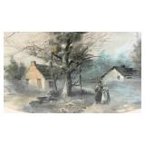 Framed pastel??- couple strolling by thatched roof